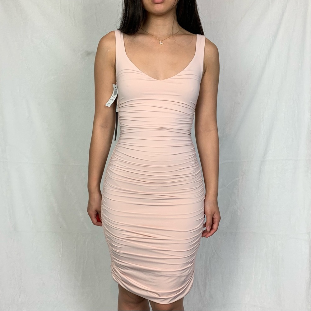 ten by babaton xxs baby pink ruched v neck mini dress